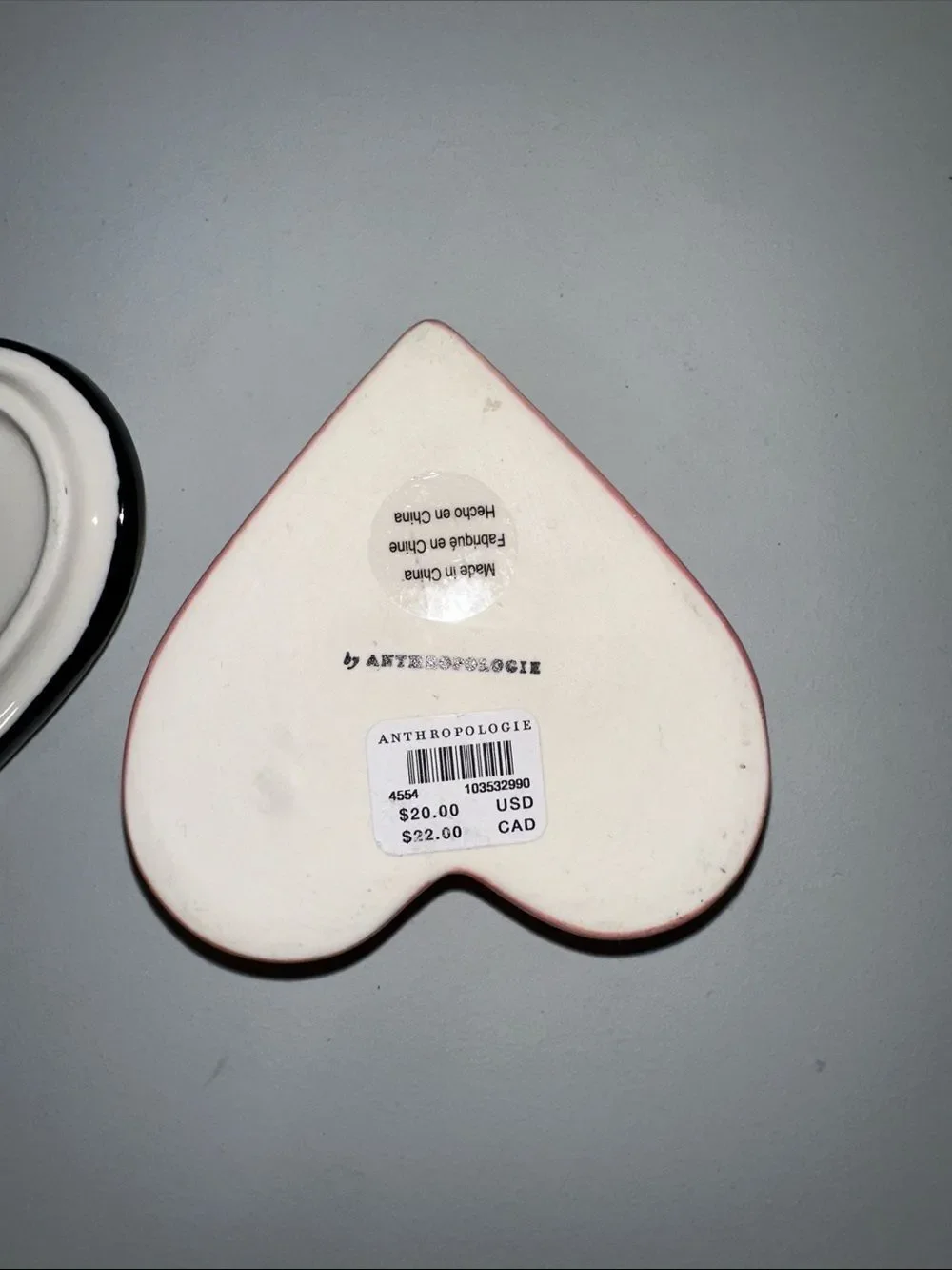Anthropologie Amour White Pink Black Bow Ceramic Heart Shaped Trinket with a Lid